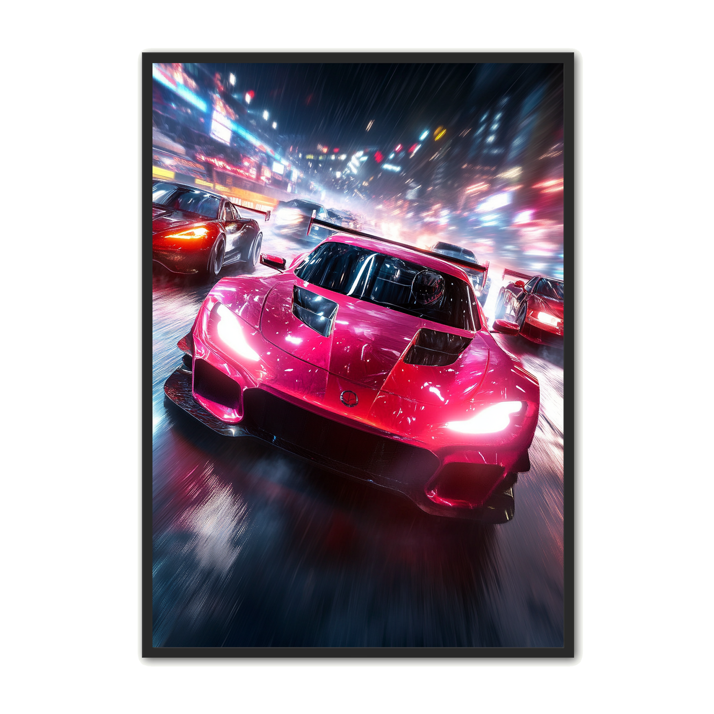 Bil Plakat 68 - Rød Superbil i Byens Natlige Regn