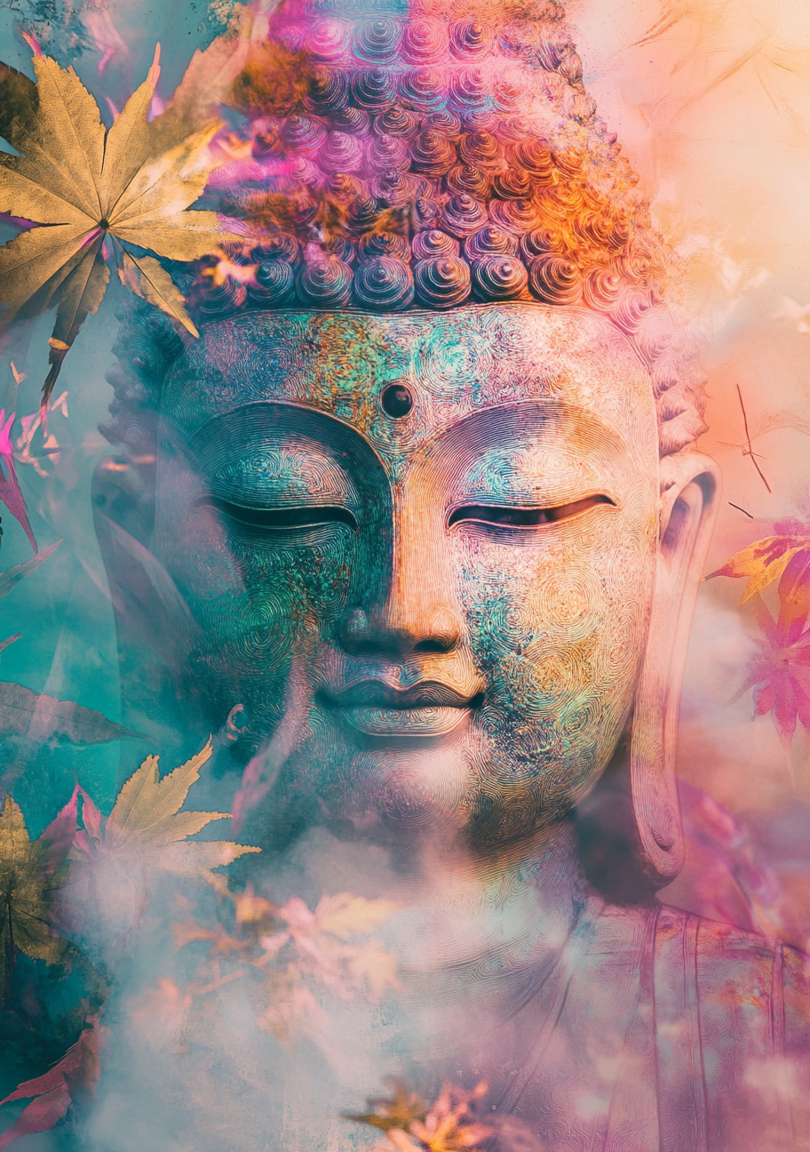 Et roligt Buddhaansigt med lukkede øjne er omgivet af pastelblade, blomsterformer og bløde farvelag. Turkis, rosa, gul og varme orange nuancer flyder sammen gennem ansigt og baggrund.