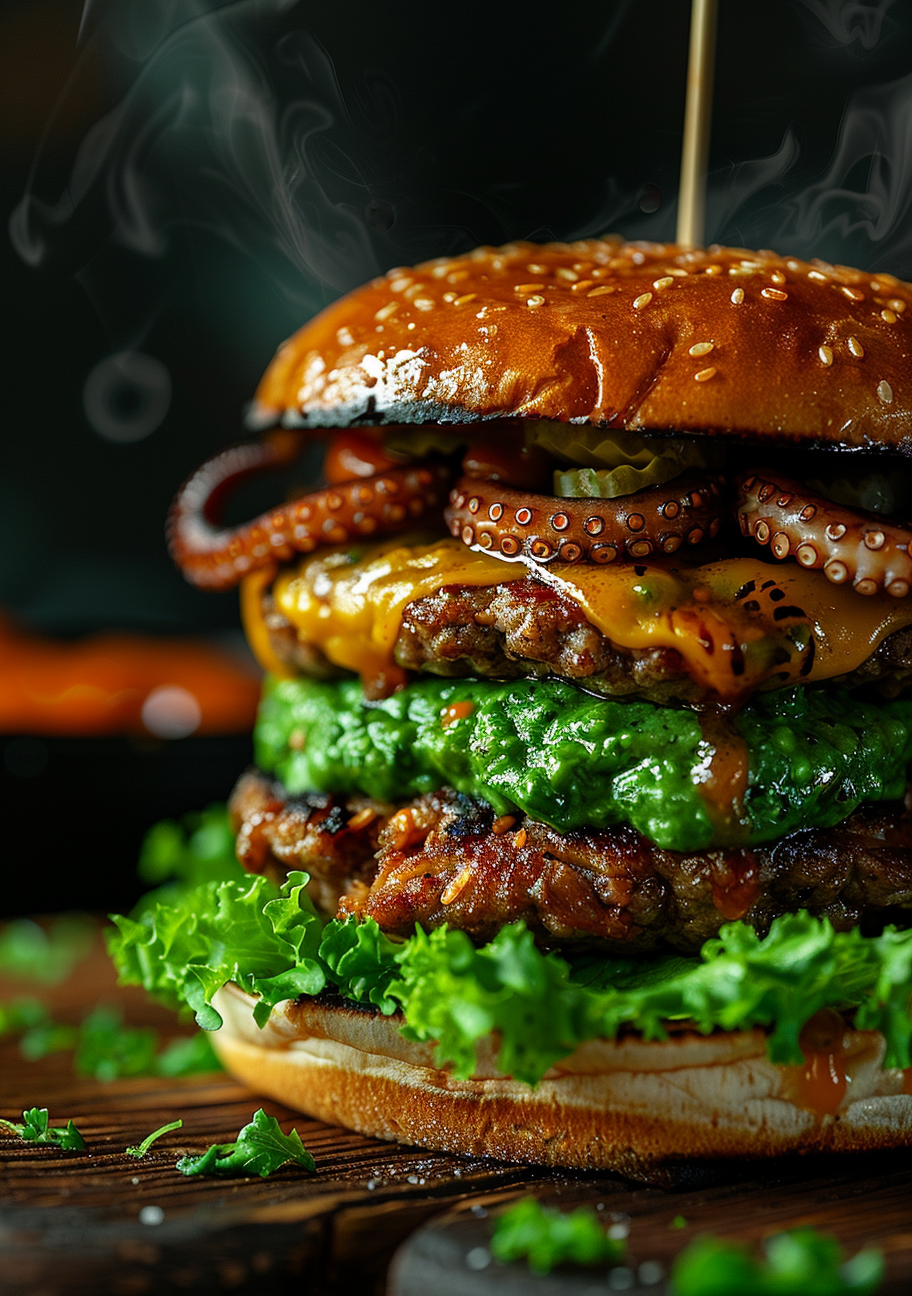 En høj burger med sesambolle, ost, grøn salat og flere fyldlag står tæt beskåret mod en mørk baggrund. Lyset fremhæver bollens brune overflade og det grønne fyld.