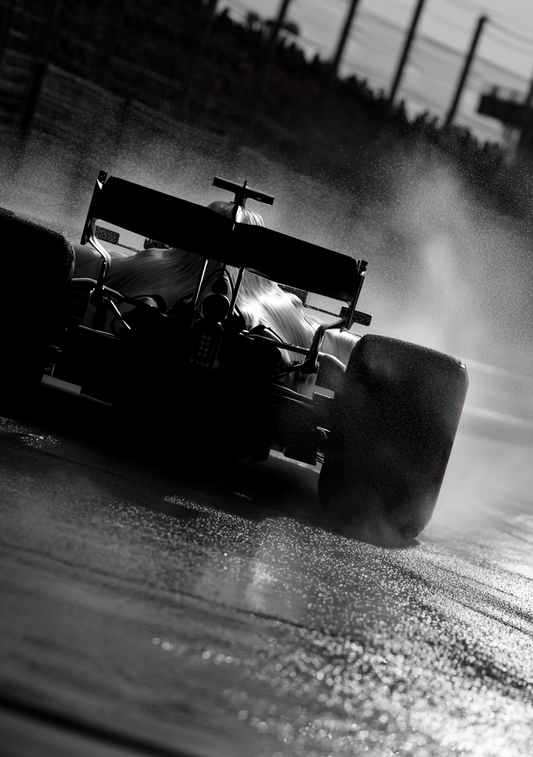 Formel 1 Plakat 4 - Fart og Dramatik i Sort Hvid