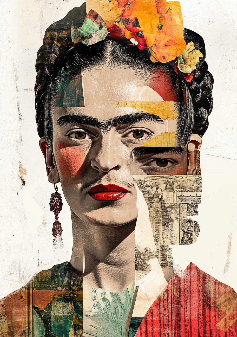 Et Frida Kahlo-inspireret portræt er sammensat af ansigtsdele, lyse papirfelter og farverige collagelag. Mørkt hår, blomster og røde læber står tydeligt mellem de forskudte flader.