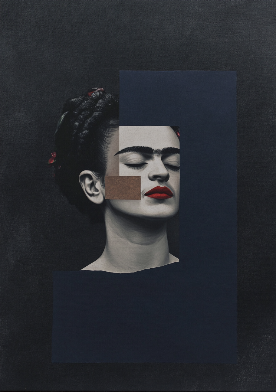 Et Frida Kahlo-inspireret ansigt med lukkede øjne og røde læber træder frem mellem mørke blå og grå rektangler. Den mørke baggrund giver billedet en enkel og rolig ramme.