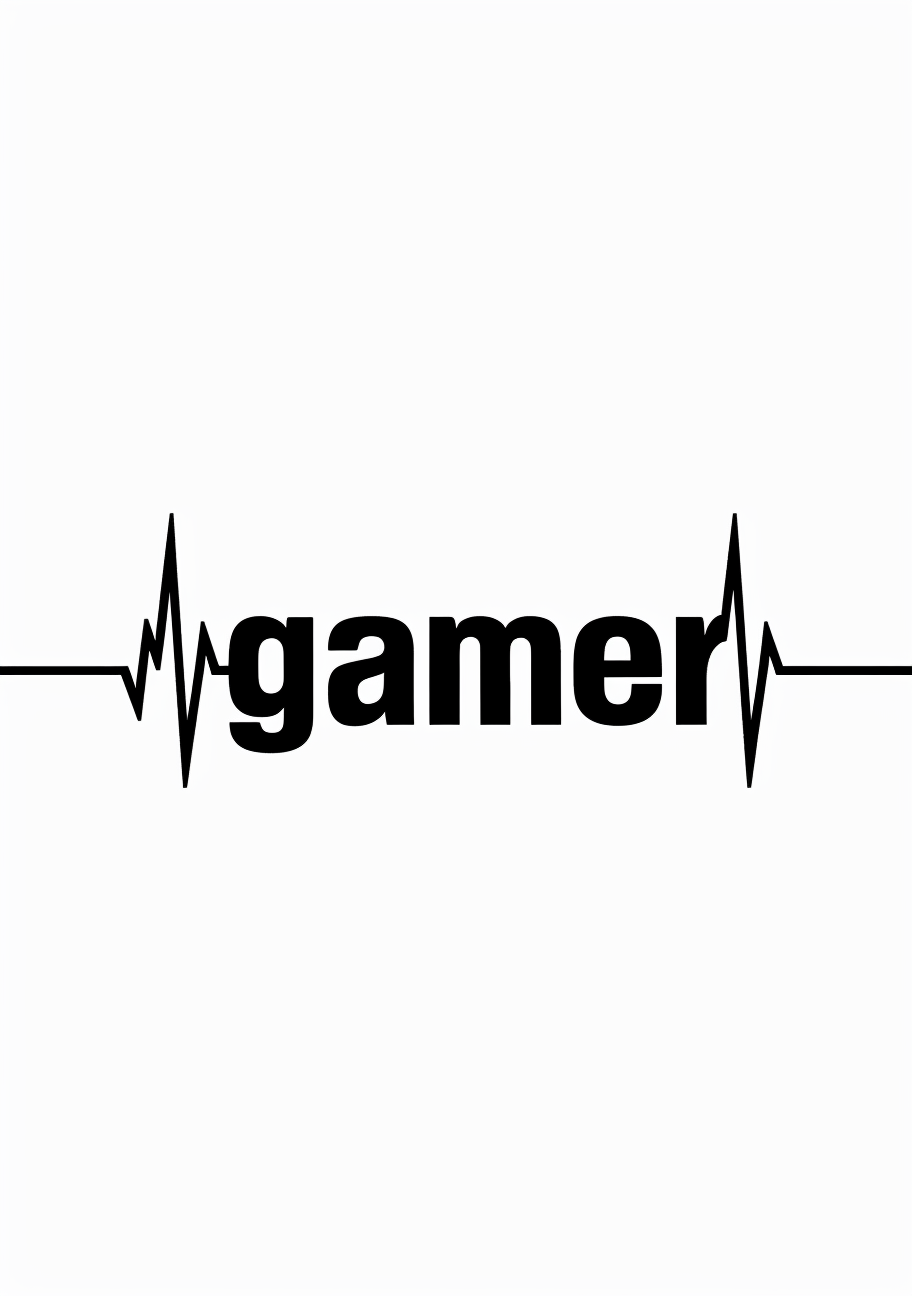 Ordet gamer står med sorte bogstaver midt på en hvid baggrund. Korte pulslinjer løber ud fra teksten og giver et enkelt, vandret grafisk motiv.