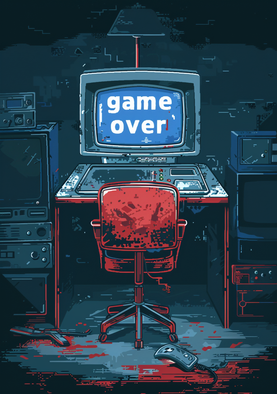 En gammel computerskærm viser game over i et mørkt blåligt spilleværelse. En rød stol, ledninger og små apparater står tæt omkring bordet.