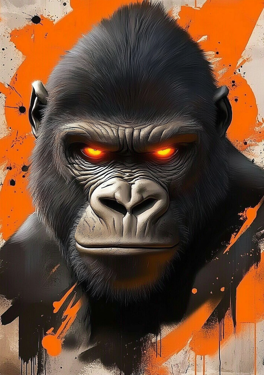 En mørk gorilla ses forfra med lys snude og stærkt orange øjne. Den tætte pels står mod orange, grå og sorte felter med små urolige stænk.