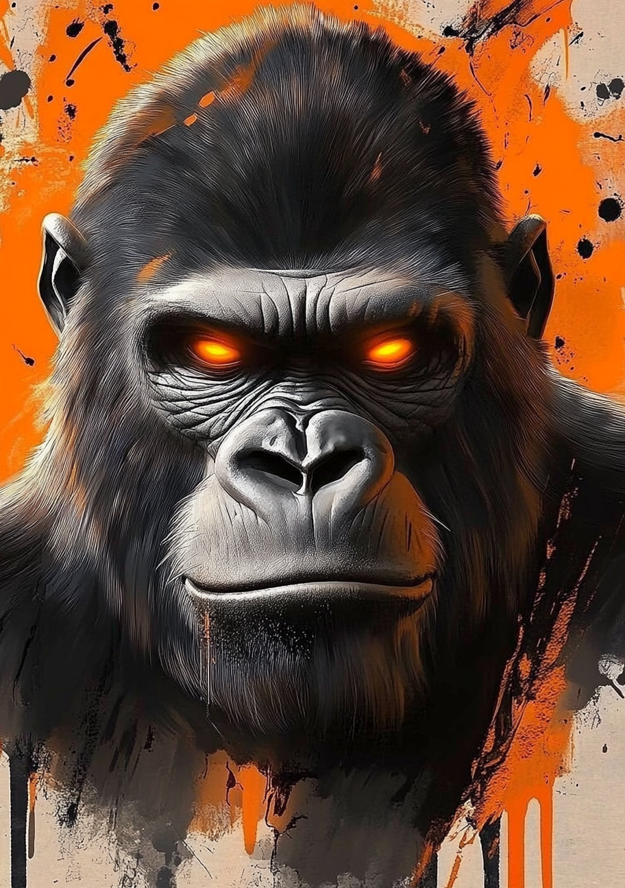 En mørk gorilla ses forfra med orange øjne og en lys grå snude. Orange og hvide felter samt sorte dryp danner en ujævn ramme omkring hovedet.