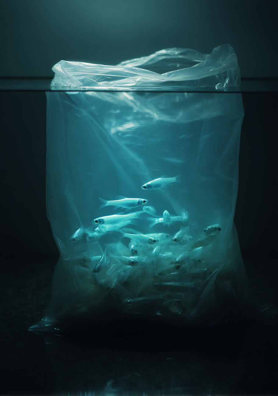En gennemsigtig pose med flere fisk ses lige under en vandoverflade i et mørkt blågrønt rum. Lyse folder og reflekser gør den tynde pose synlig mod den mørke baggrund.