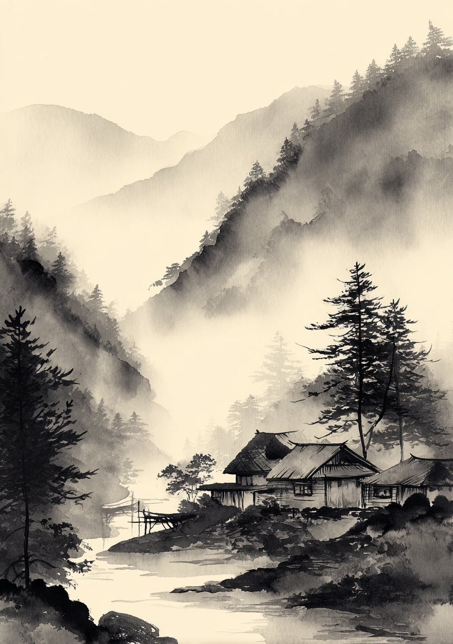 Japansk Plakat 115 – Bjergflodens Hytter
