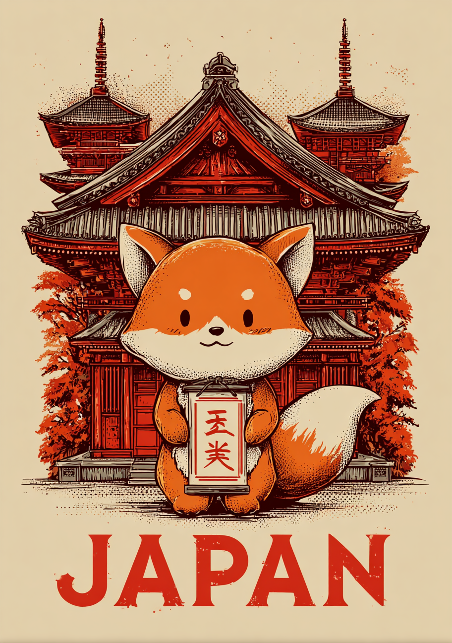 Japansk Plakat 20 – Rød Ræv foran Tempel
