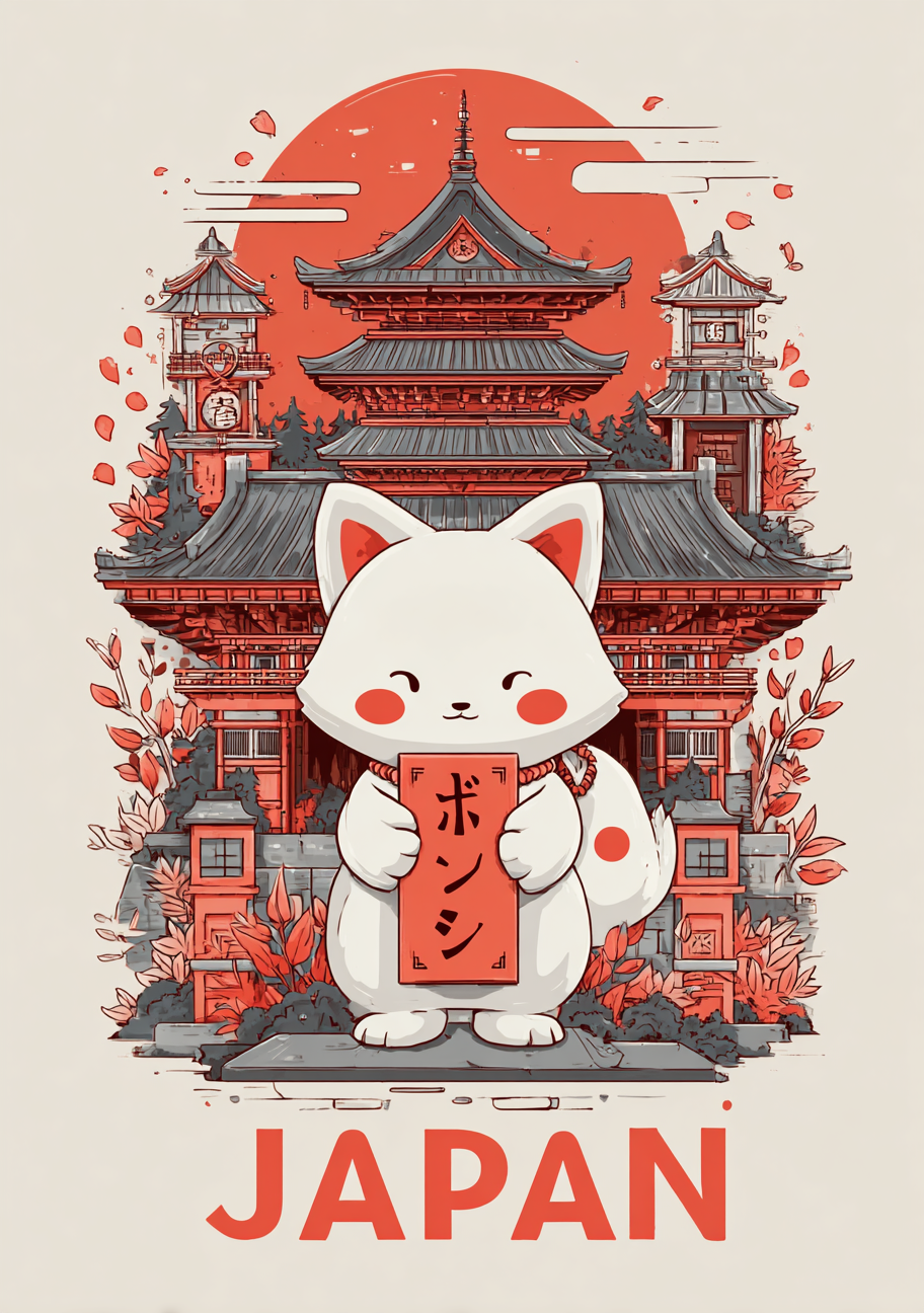 Japansk Plakat 21 – Lykkekat foran Pagode