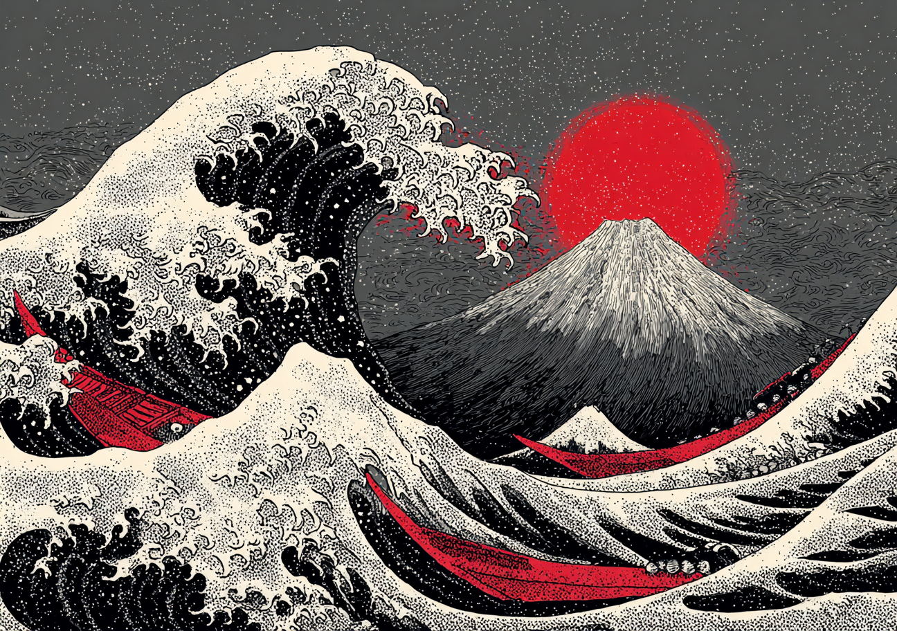 Japansk Plakat 26 – Bølgeslag og Fuji med Rød Sol