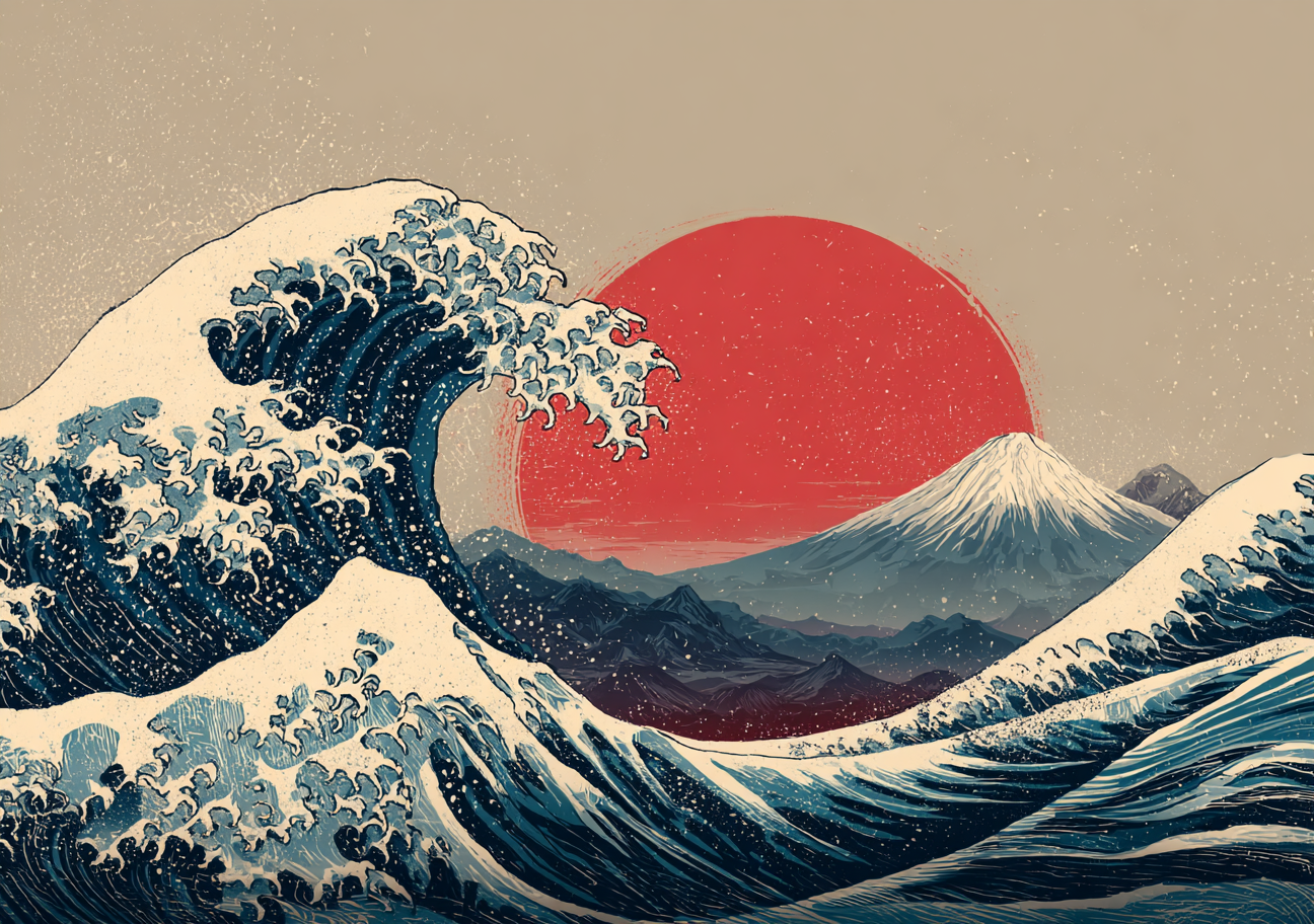 Japansk Plakat 28 – Den Store Bølge ved Fuji med Rød Sol