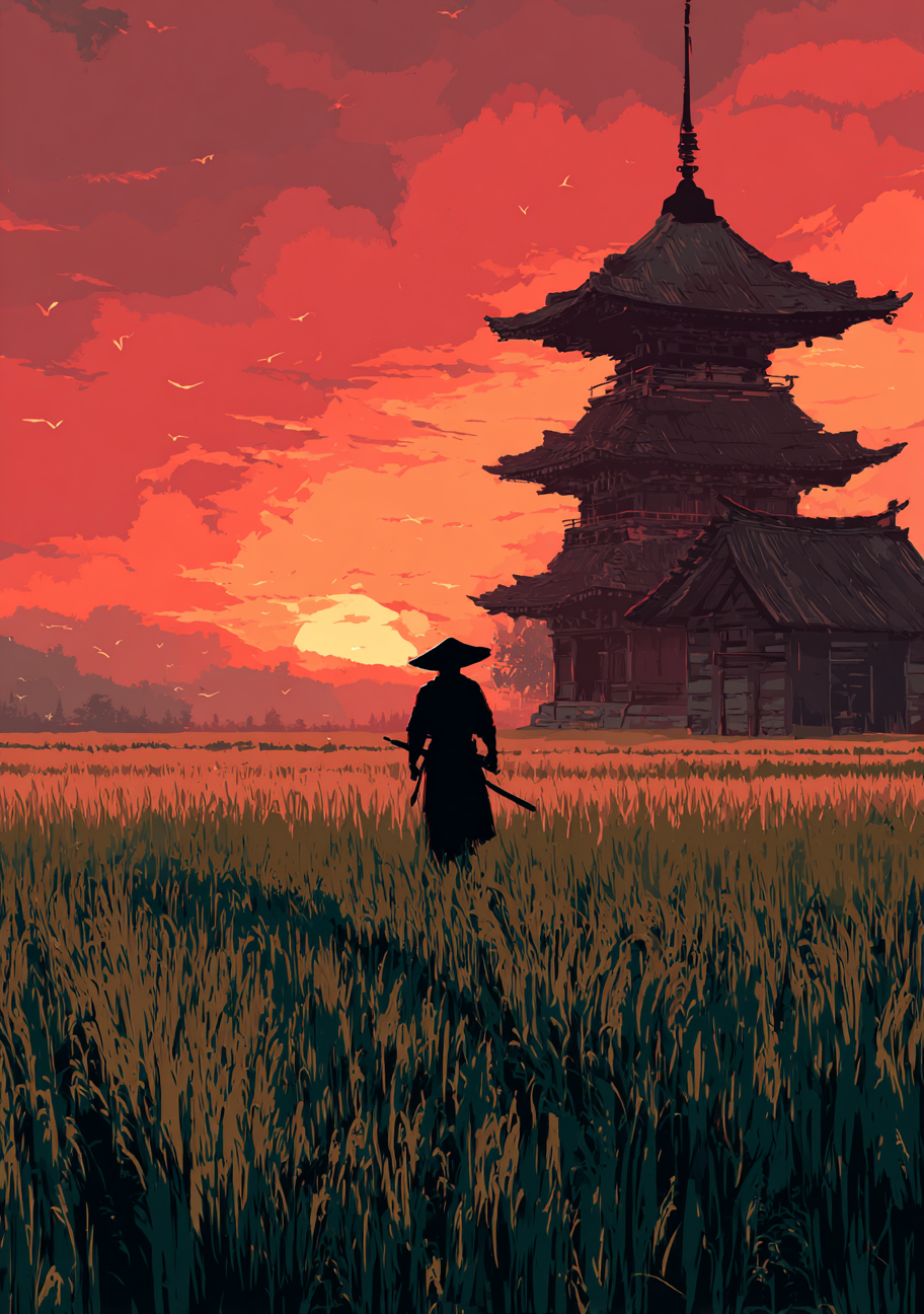 Japansk Plakat 46 – Ensom Samurai ved Solnedgang
