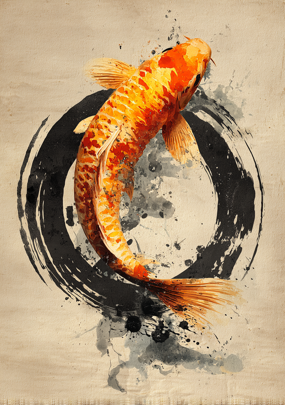 Japansk Plakat 61 - Gylden Koi og Zen Cirkel