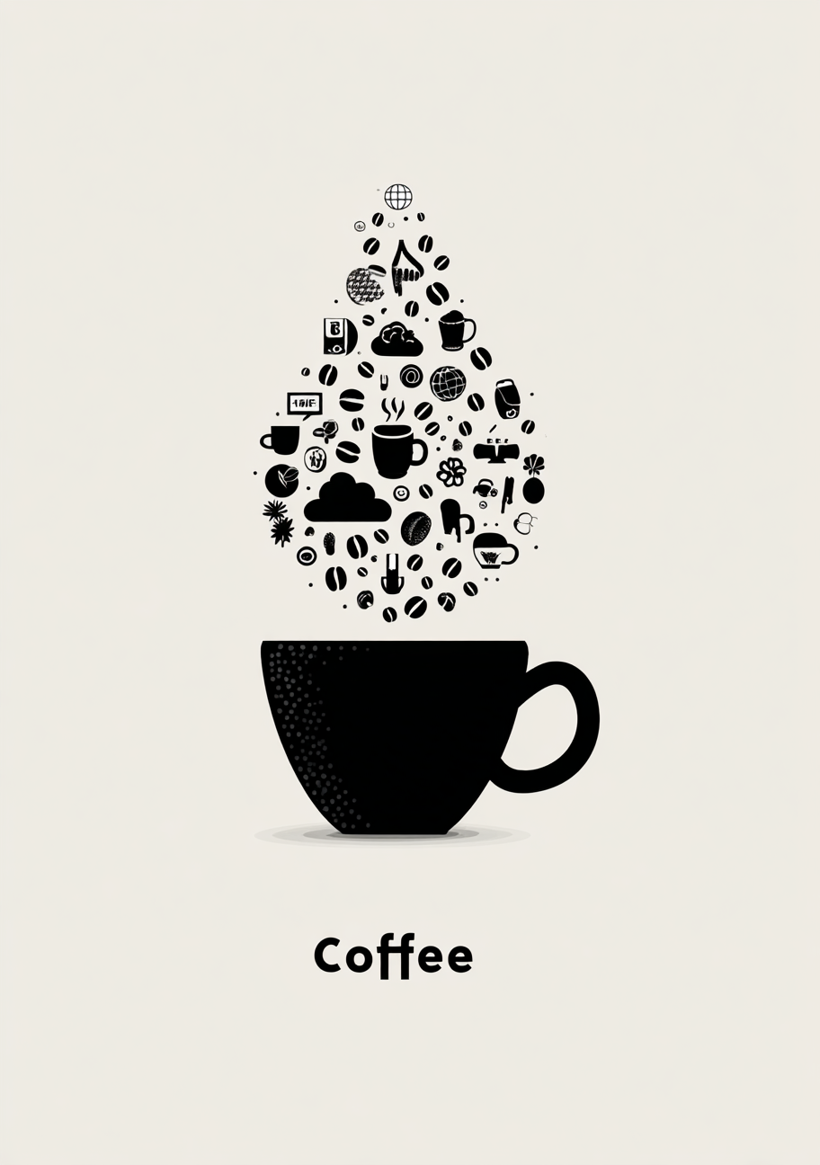 Kaffe Plakat 109 – Koffein og Symboler i Sort Stil