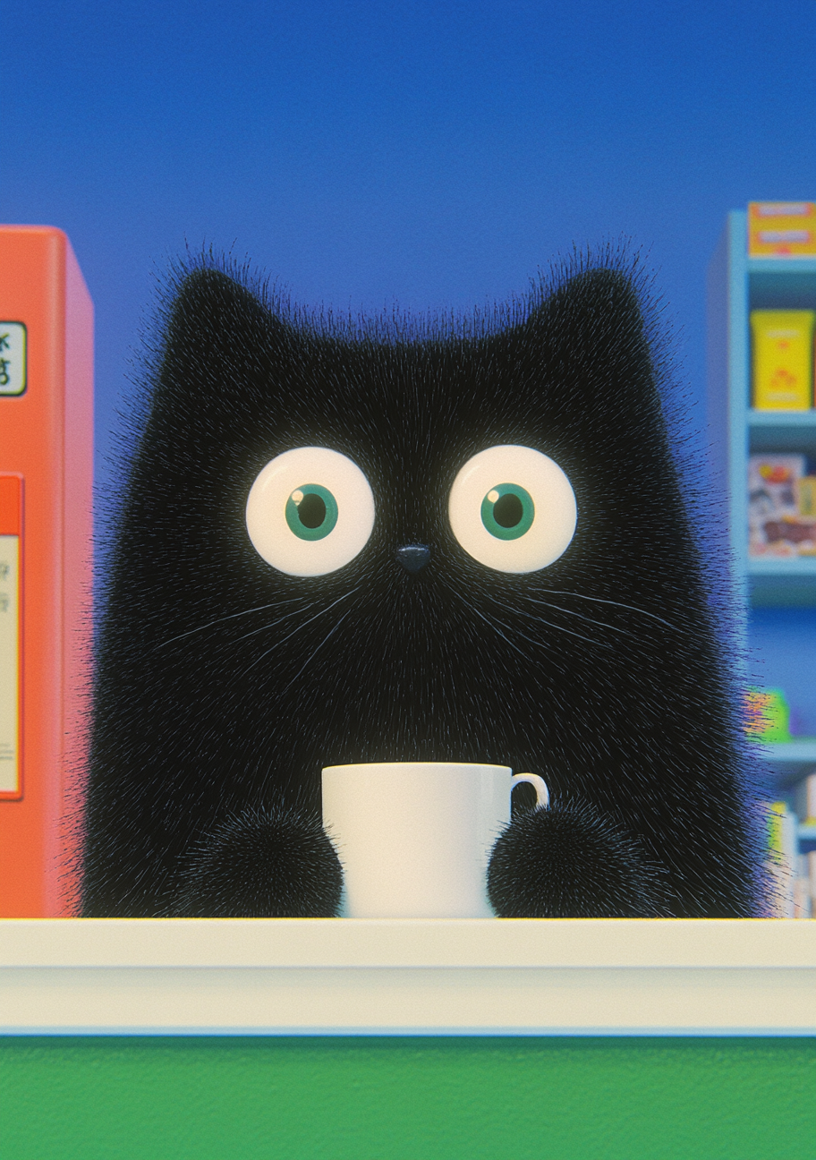 Kaffe Plakat 78 - Nysgerrig Kat med Kaffekop