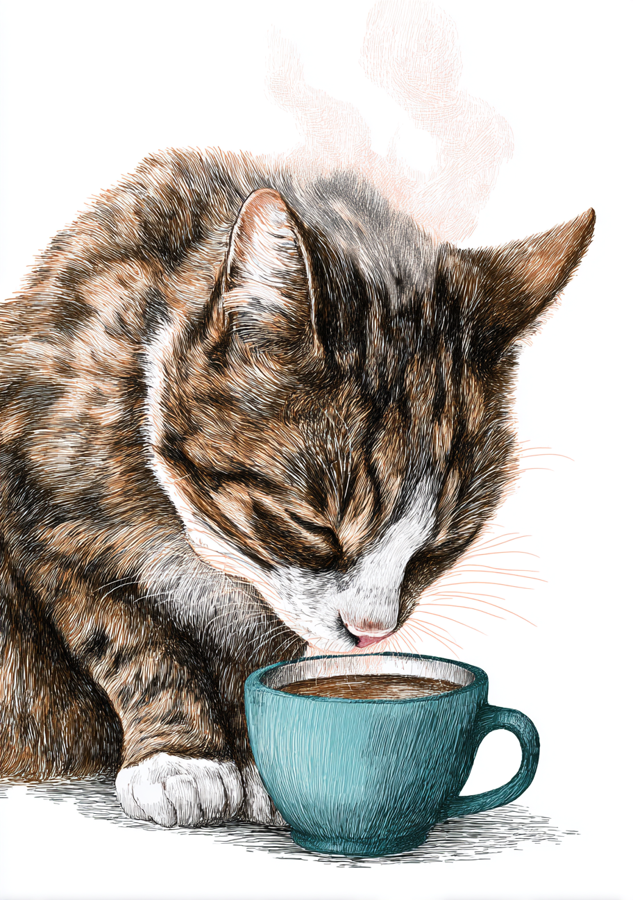 Kaffe Plakat 92 – Kat og kaffekop i stregtegning