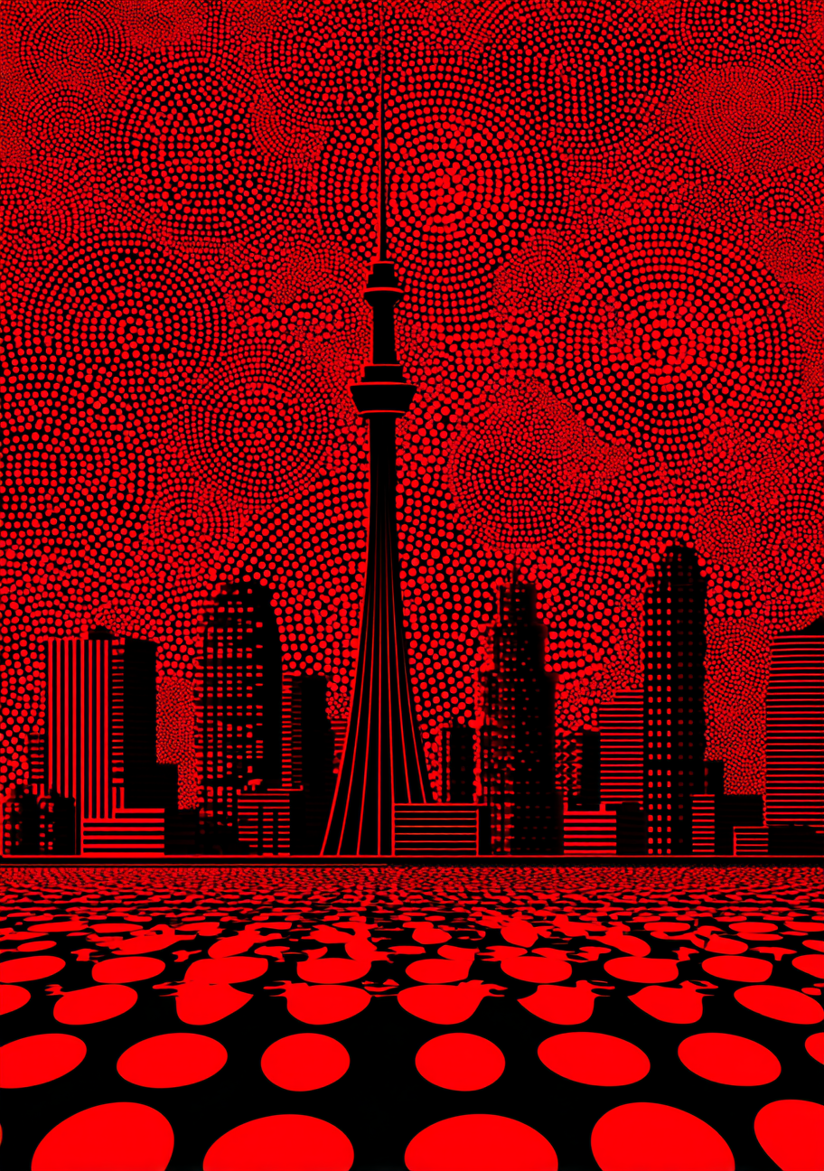 Mørk Tokyo-skyline med højt tårn over en rød prikket forgrund og mørkerød himmel.