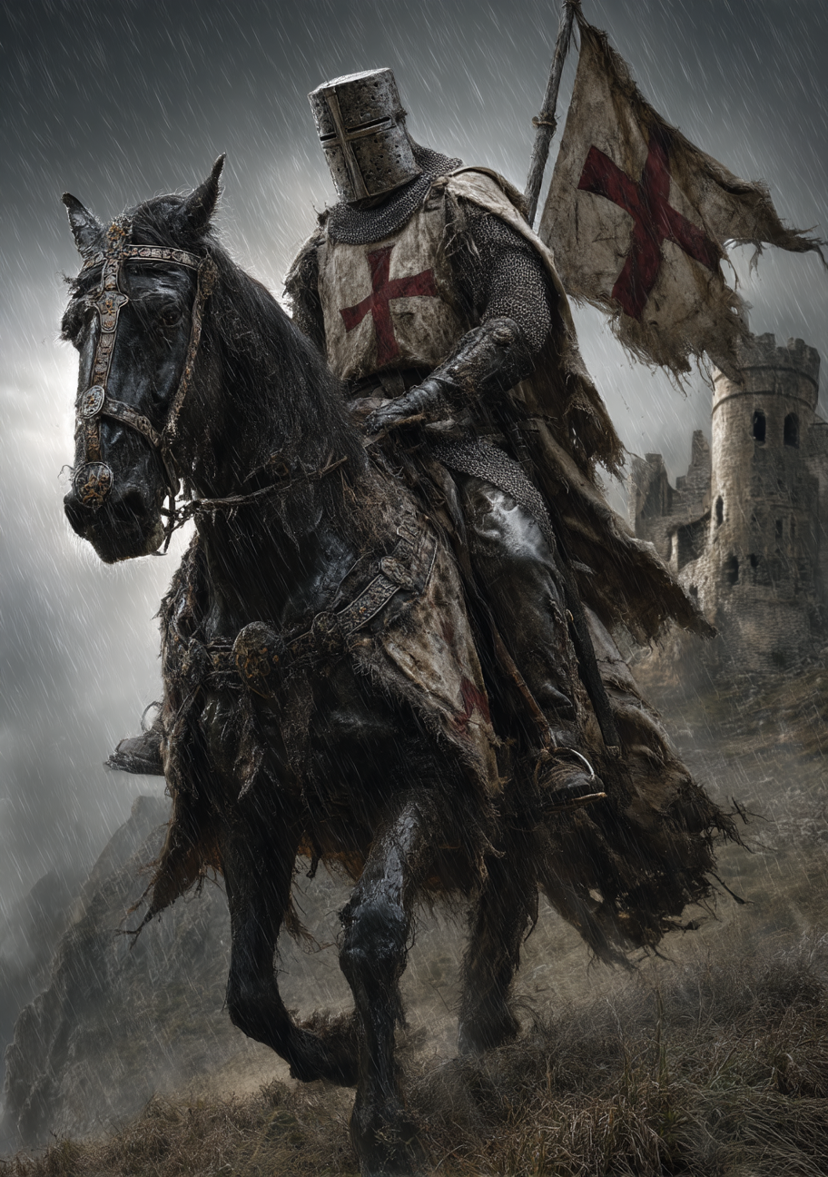 En mørk, rustningsklædt ridder rider gennem regn på en sort hest. Et kors på tøjet og et slidt banner træder frem mellem grå skyer og mørke baggrundsformer.