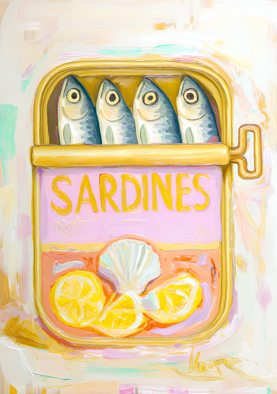 En gul konservesdåse med fire fisk og citronskiver ses på en lys, let farvet baggrund. SARDINES står på dåsens front mellem varme gule og rosa felter.