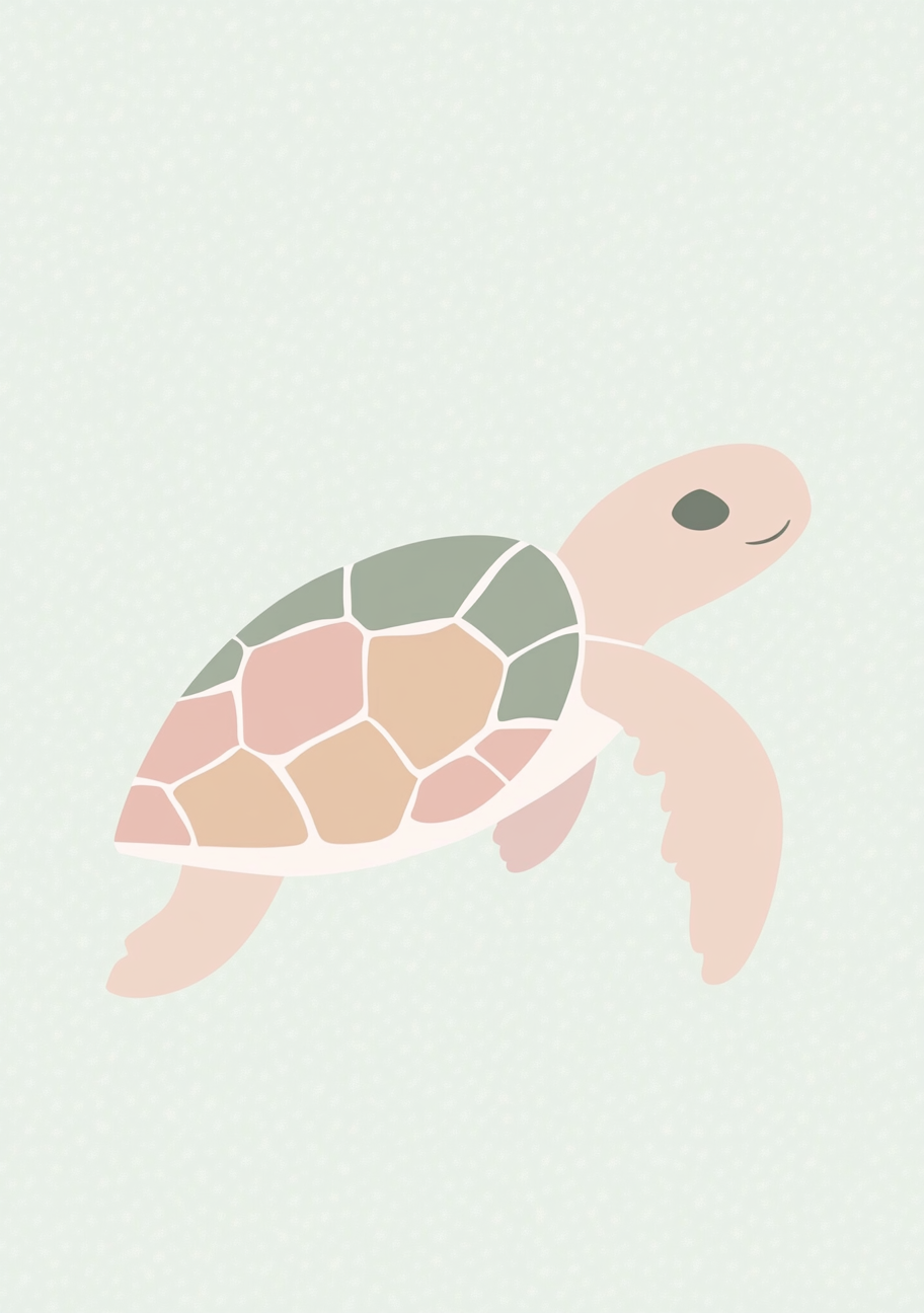 Minimalistisk skildpadde i rosa og grågrønne felter på en lys mintgrøn baggrund.