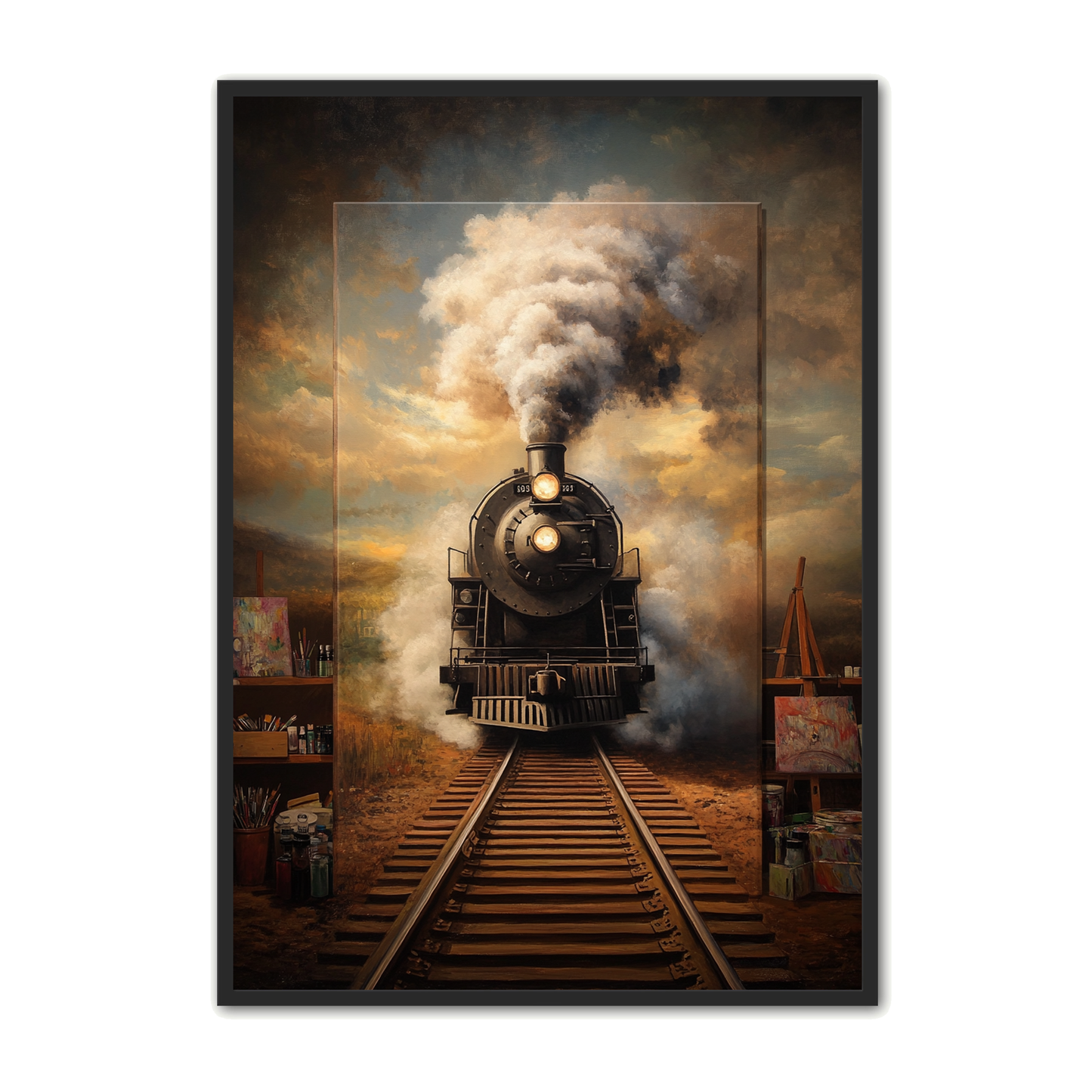 Surrealistisk Plakat 10 - Damptog i Atelier med Farver