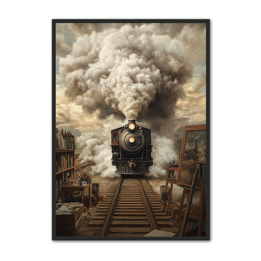 Surrealistisk Plakat 9 - Damptog og Atelier i Skyer