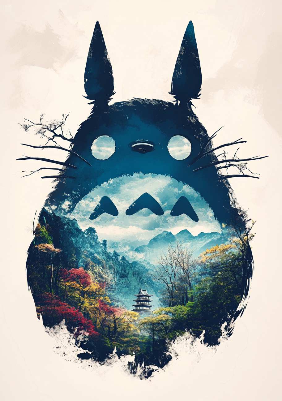 En mørk Totoro-inspireret silhuet indeholder en bjergsø, skov og efterårsfarvede træer. Figurens store ører og lyse øjne står på en varm, lys baggrund.