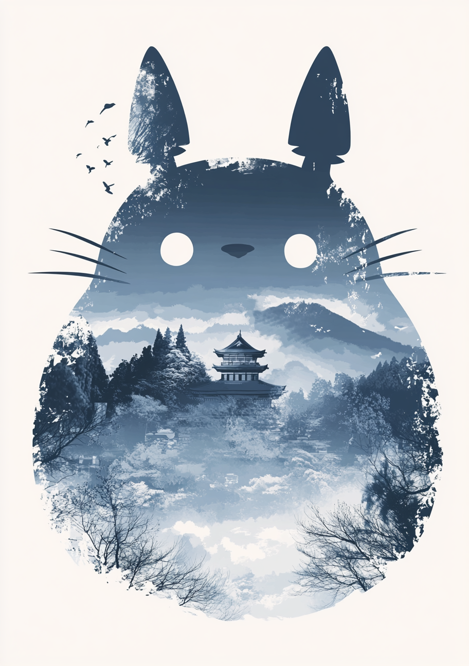 En mørkeblå Totoro-inspireret silhuet rummer et tempel mellem skovklædte bjerge og lyse tågebanker. Enkle øjne og fine knurhår ligger omkring landskabets bløde former.