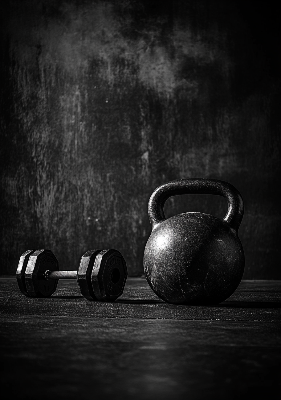 En sort kettlebell står ved siden af en håndvægt i et mørkt rum. Lys fra siden fremhæver udstyrets runde former og den rå væg bag dem.