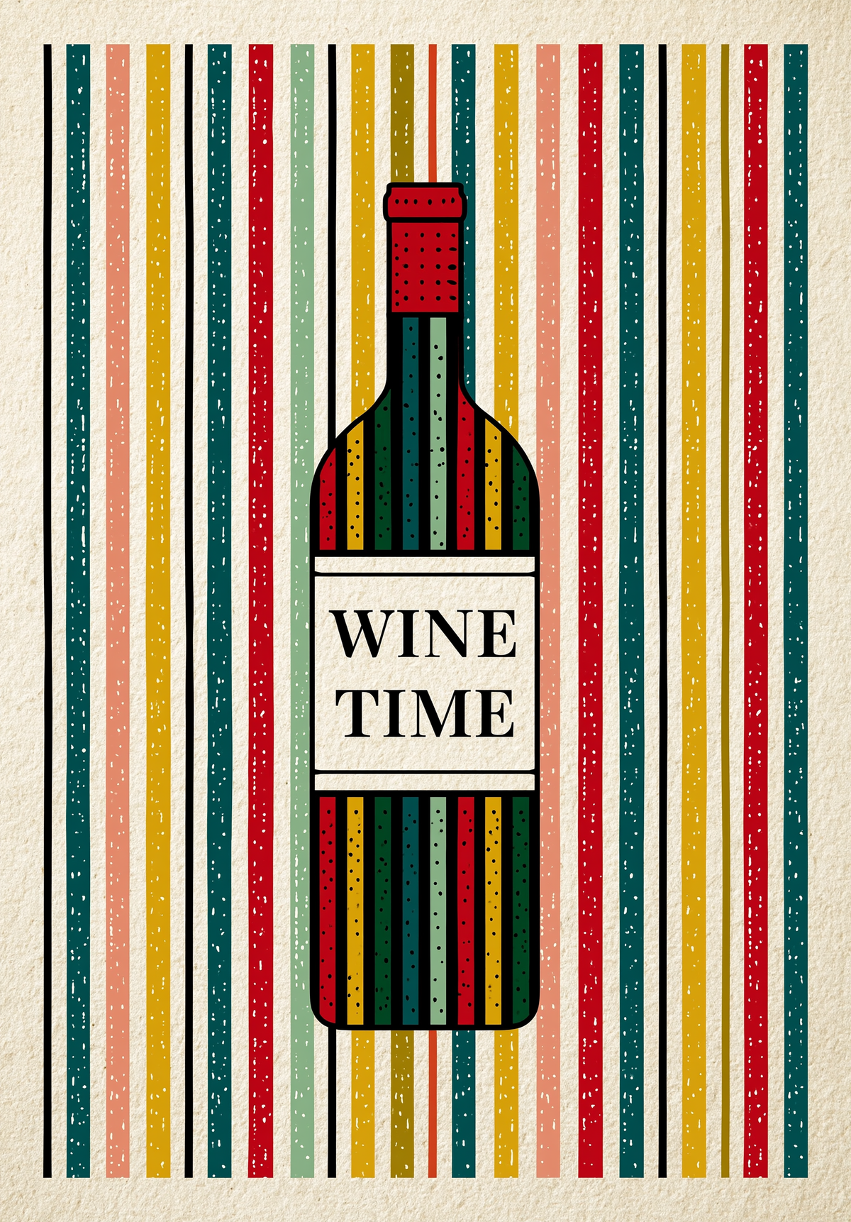 En vinflaske med etiketten WINE TIME står foran smalle lodrette striber i mange farver. Flasken har mørke konturer og en rød hals, som giver et fast holdepunkt øverst.