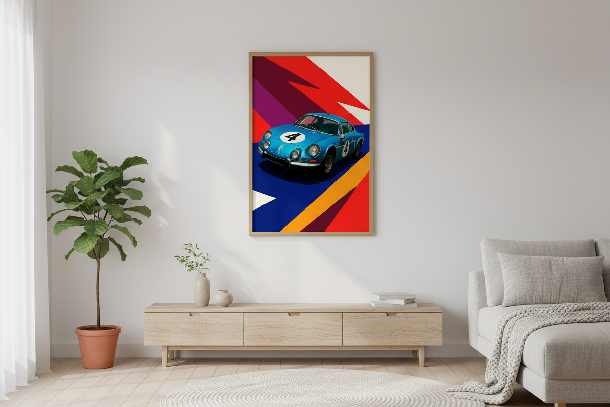 Bil Plakat 88 - Alpine A110 i nordisk boligindretning