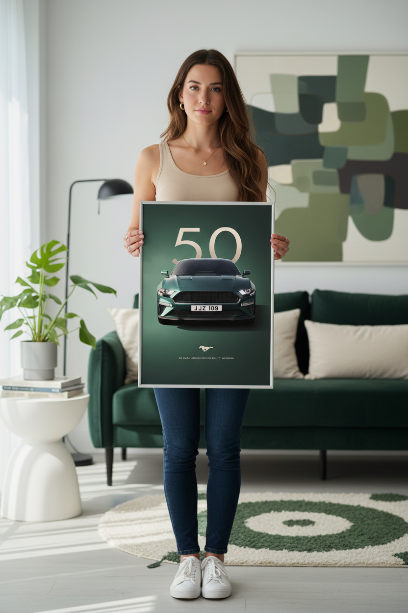 Ford Mustang Bullitt 50 Years Edition plakat lifestyle med ung kvinde