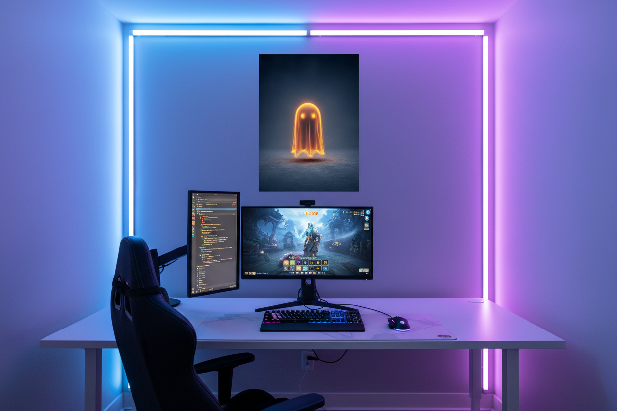 Gamer plakat højkant over lys gaming setup med farverig RGB belysning