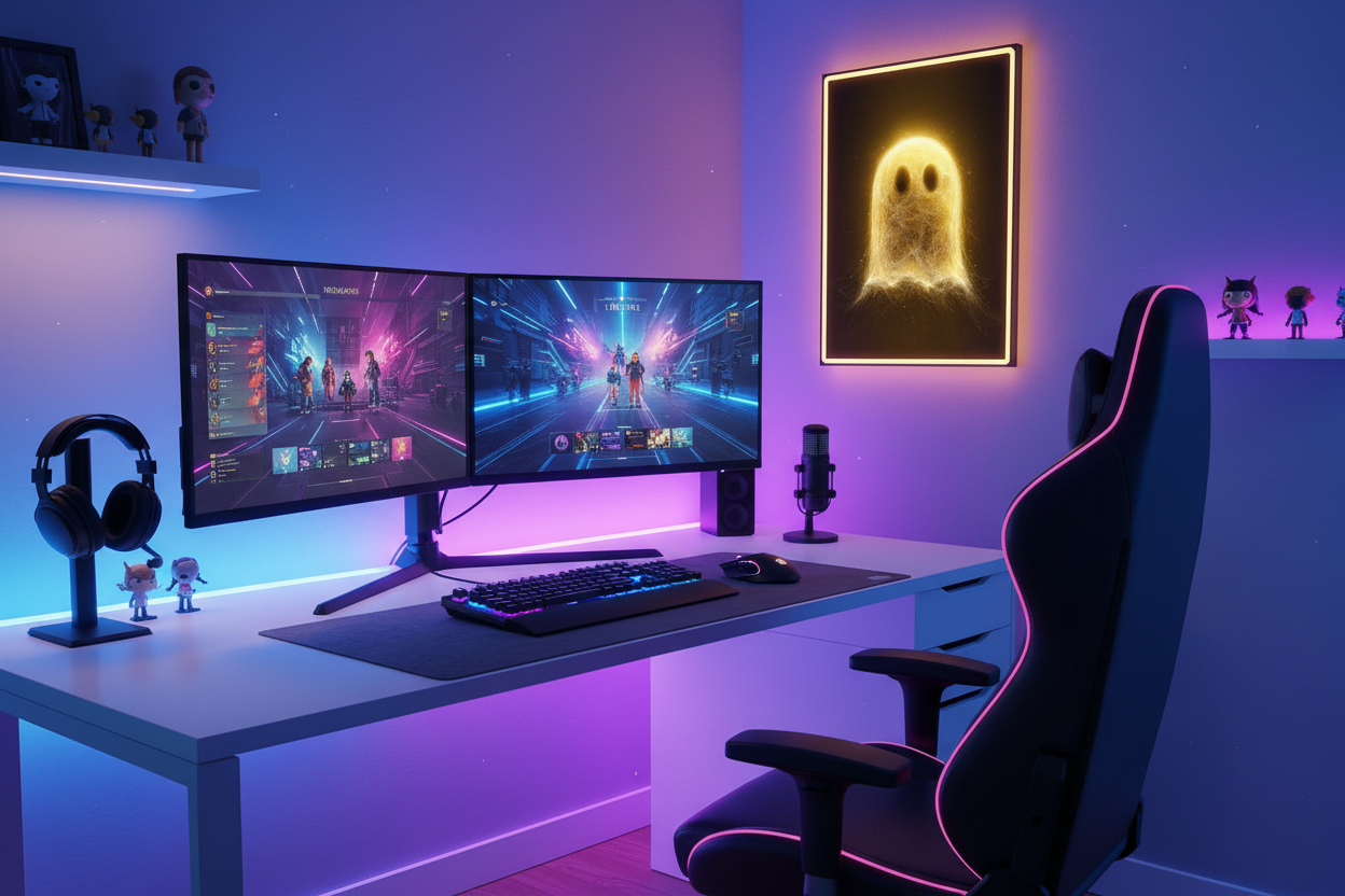 Gamer plakat højkant over lys gaming setup med farverig RGB belysning