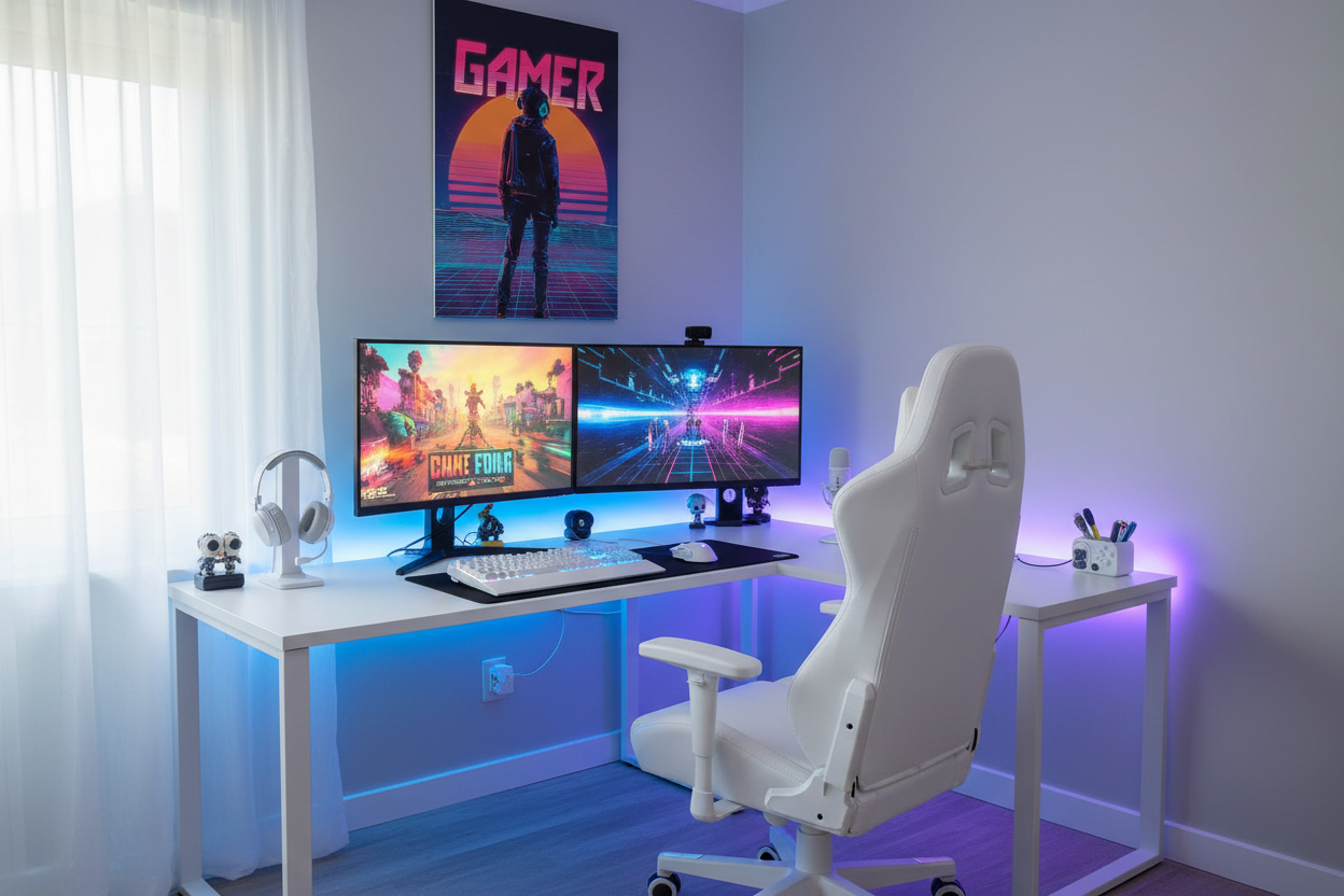 Gamer plakat højkant over lys gaming setup med farverig RGB belysning
