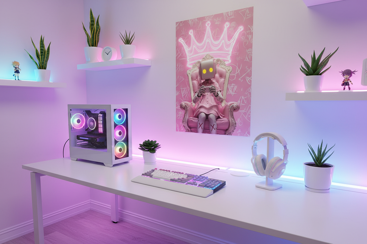 Gamer plakat højkant på lys væg i moderne gaming room