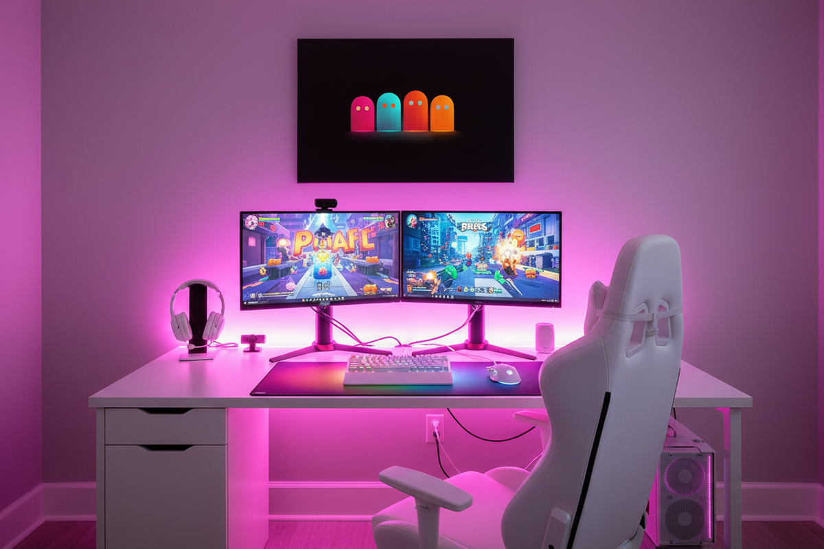 Gamer plakat vandret over lys gaming setup med farverig RGB belysning