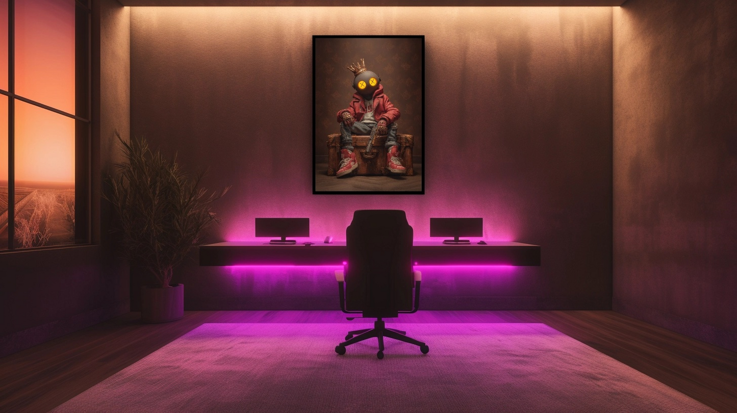Gamer Plakat 440 - Maskeret Figur med Krone og Rød Jakke