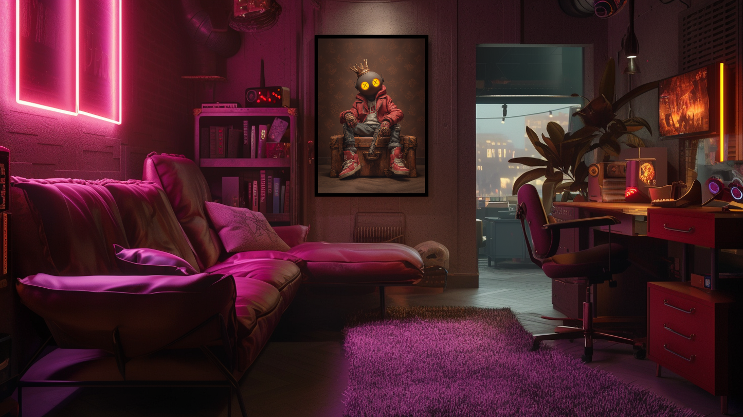 Gamer Plakat 440 - Maskeret Figur med Krone og Rød Jakke