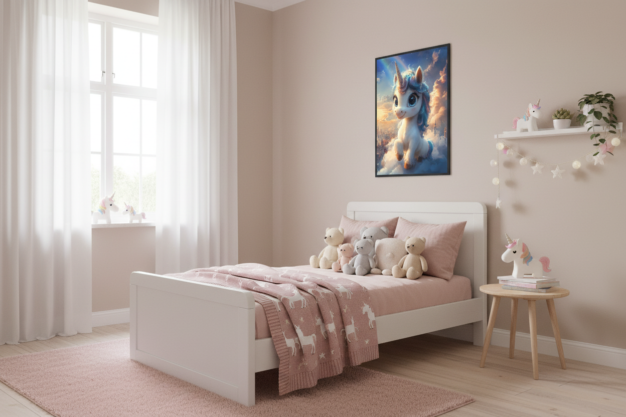 Hyggeligt børneværelse med enhjørning plakat