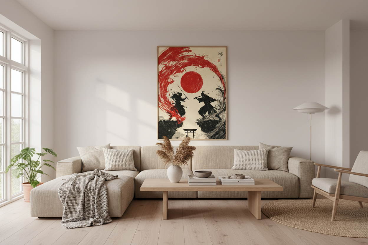 Japandi stue med japansk plakat