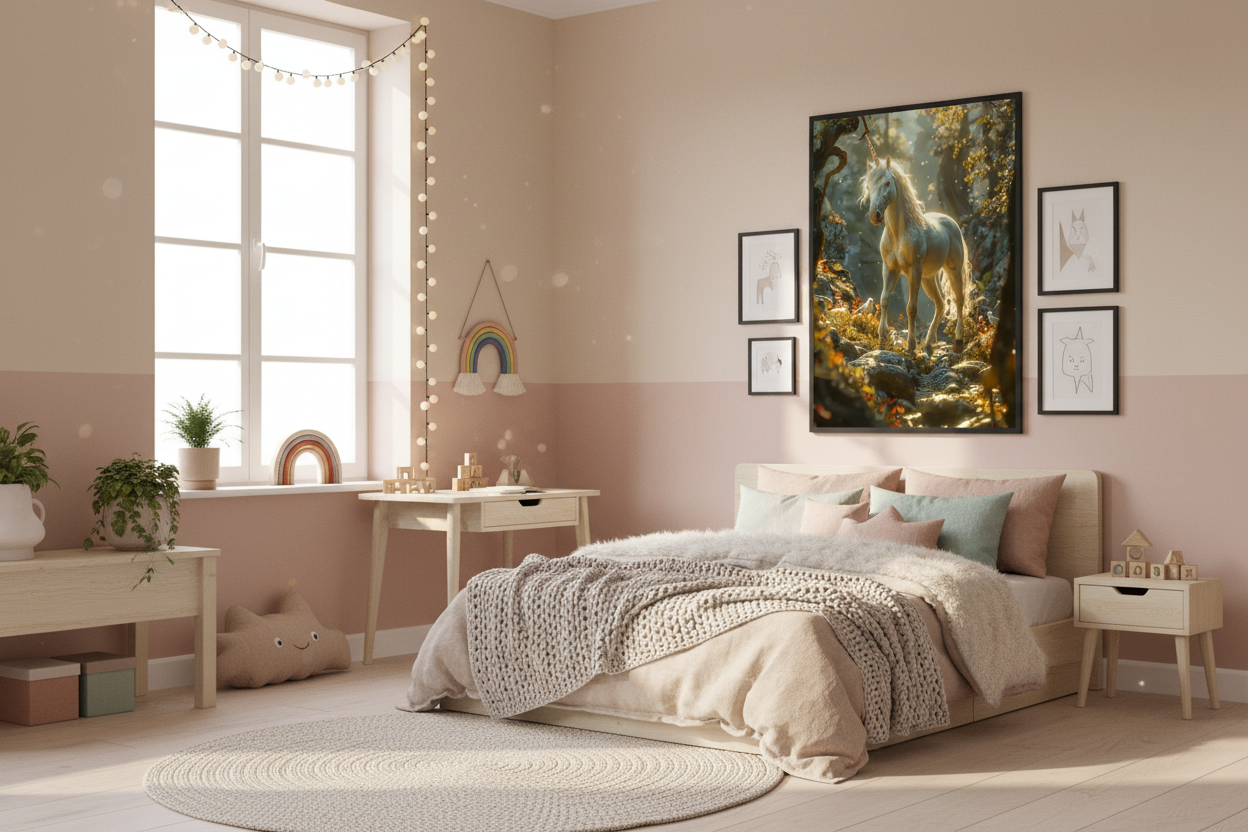 Nordisk pige børneværelse med enhjørning plakat