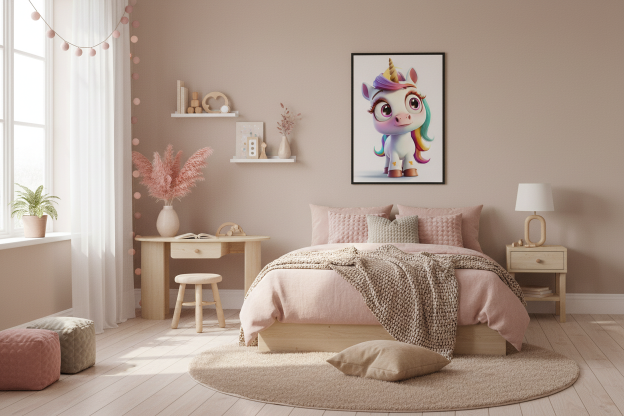Nordisk pige børneværelse med enhjørning plakat