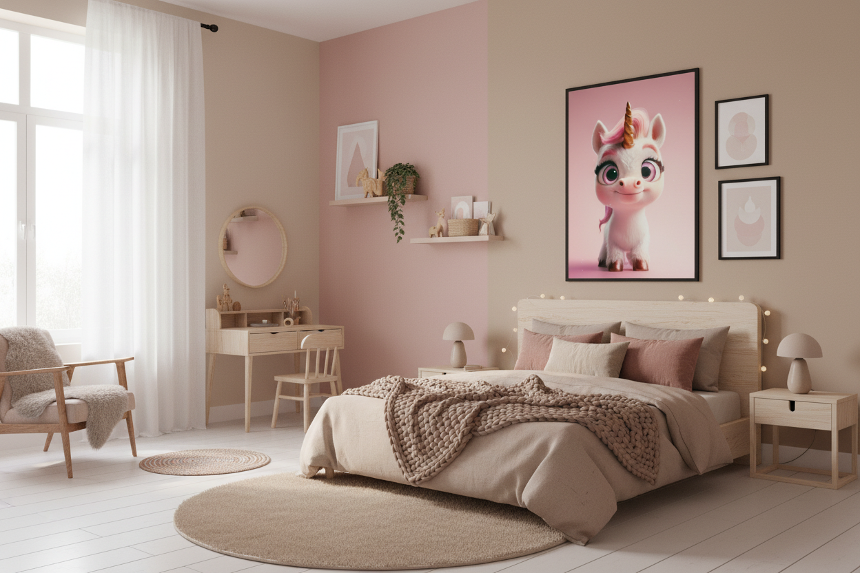 Nordisk pige børneværelse med enhjørning plakat