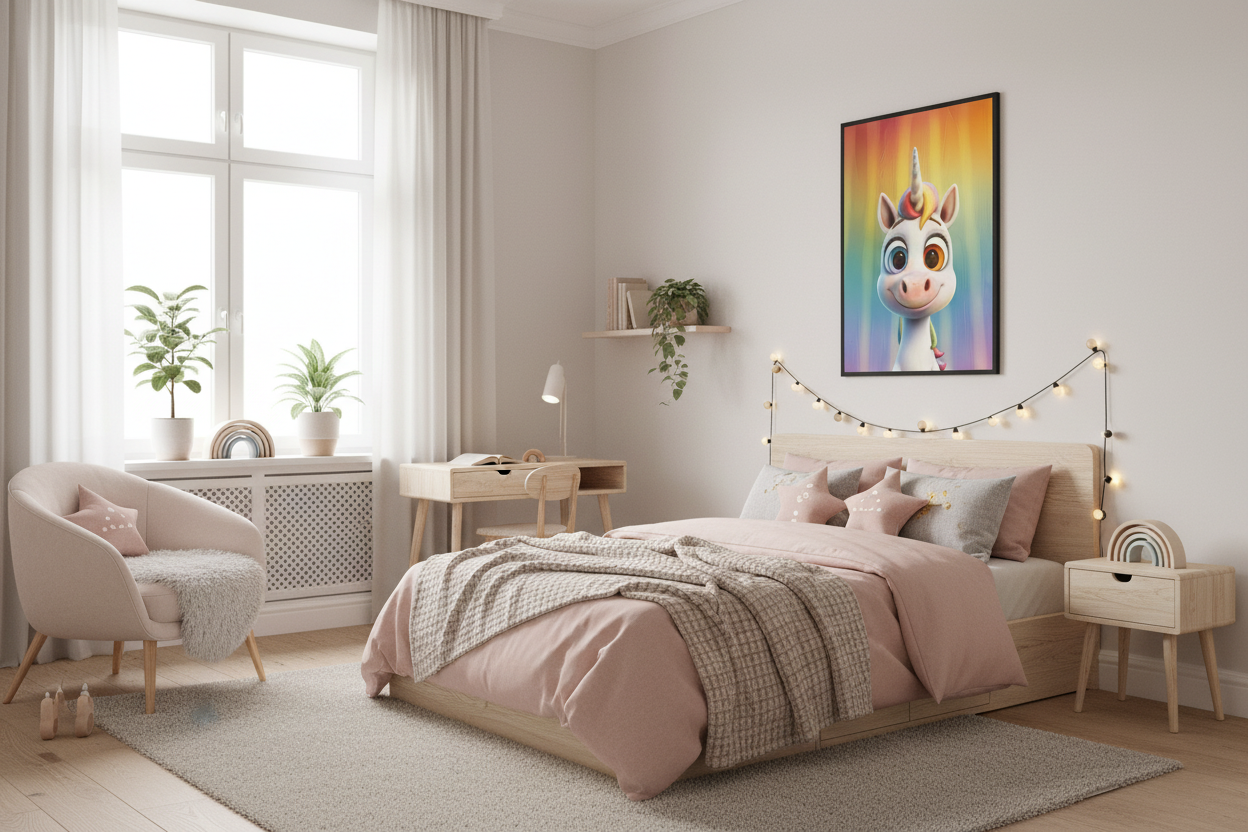 Nordisk pige børneværelse med enhjørning plakat