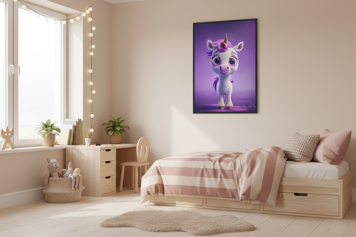 Nordisk pige børneværelse med enhjørning plakat
