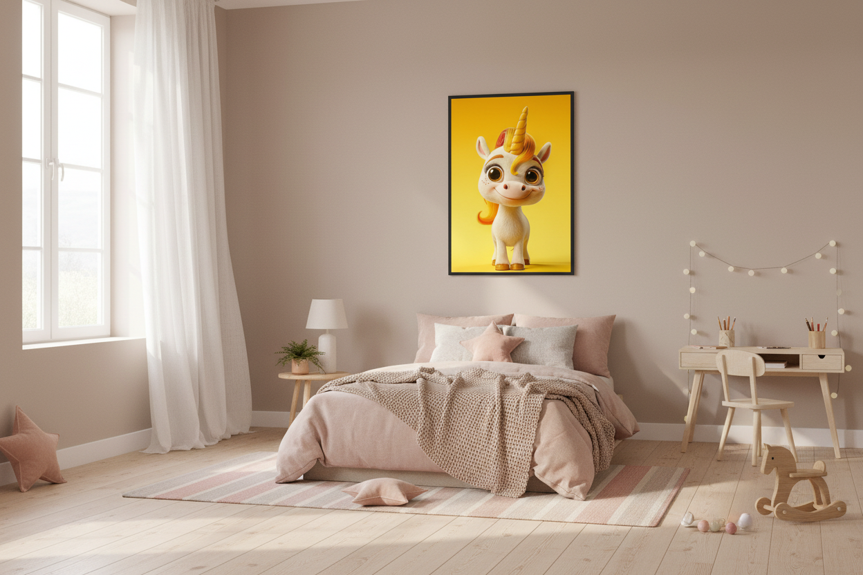 Nordisk pige børneværelse med enhjørning plakat