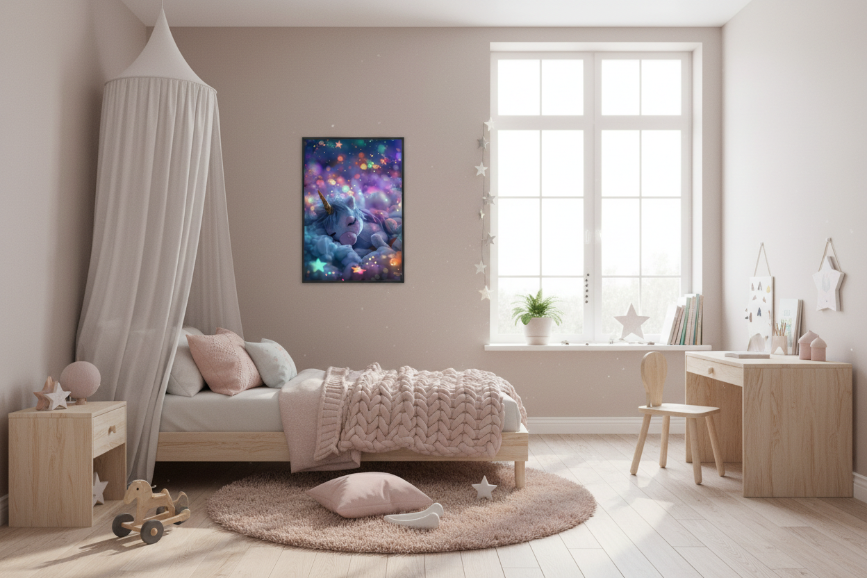 Nordisk pige børneværelse med enhjørning plakat