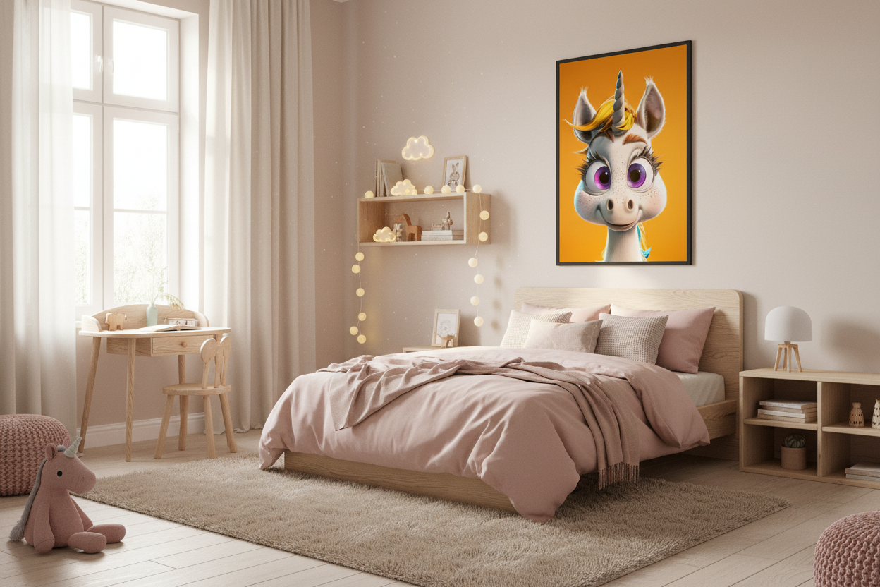 Nordisk pige børneværelse med enhjørning plakat